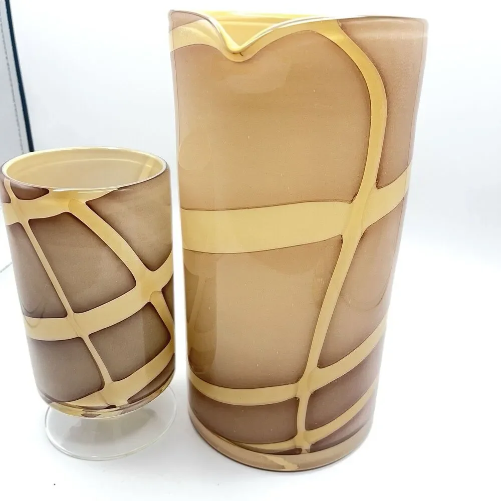 Vintage Hand Blown Glass Pitcher w Handle Nude w Cream Swirls Plus One Glass